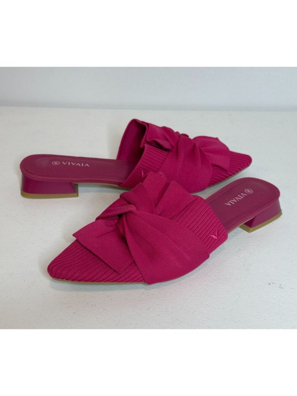 VIVAIA Size 39 Pink Knit Bow Pointed Toe Mules Low Heel Shoes
